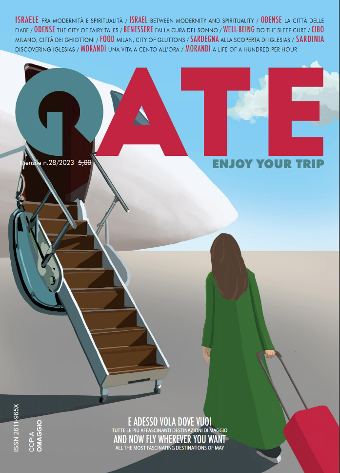 Couverture du magazine Gate n°28 illustrée par Sakina Zeghloul : une femme marchant sur le tarmac en direction de son avion, silhouette élégante et déterminée, 2023